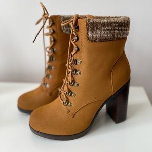 New TORRID Tan Heel Lace Up Sweater Heel Boots